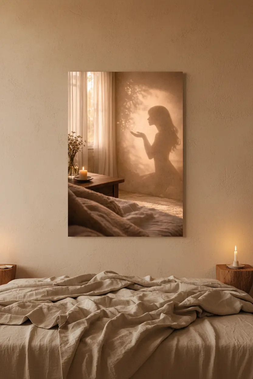 L’Envol — Affiche murale minimaliste silhouette féminine lumière dorée, affiche murale minimaliste avec cadre bois, décoration murale salon ou chambre, style méditerranéen