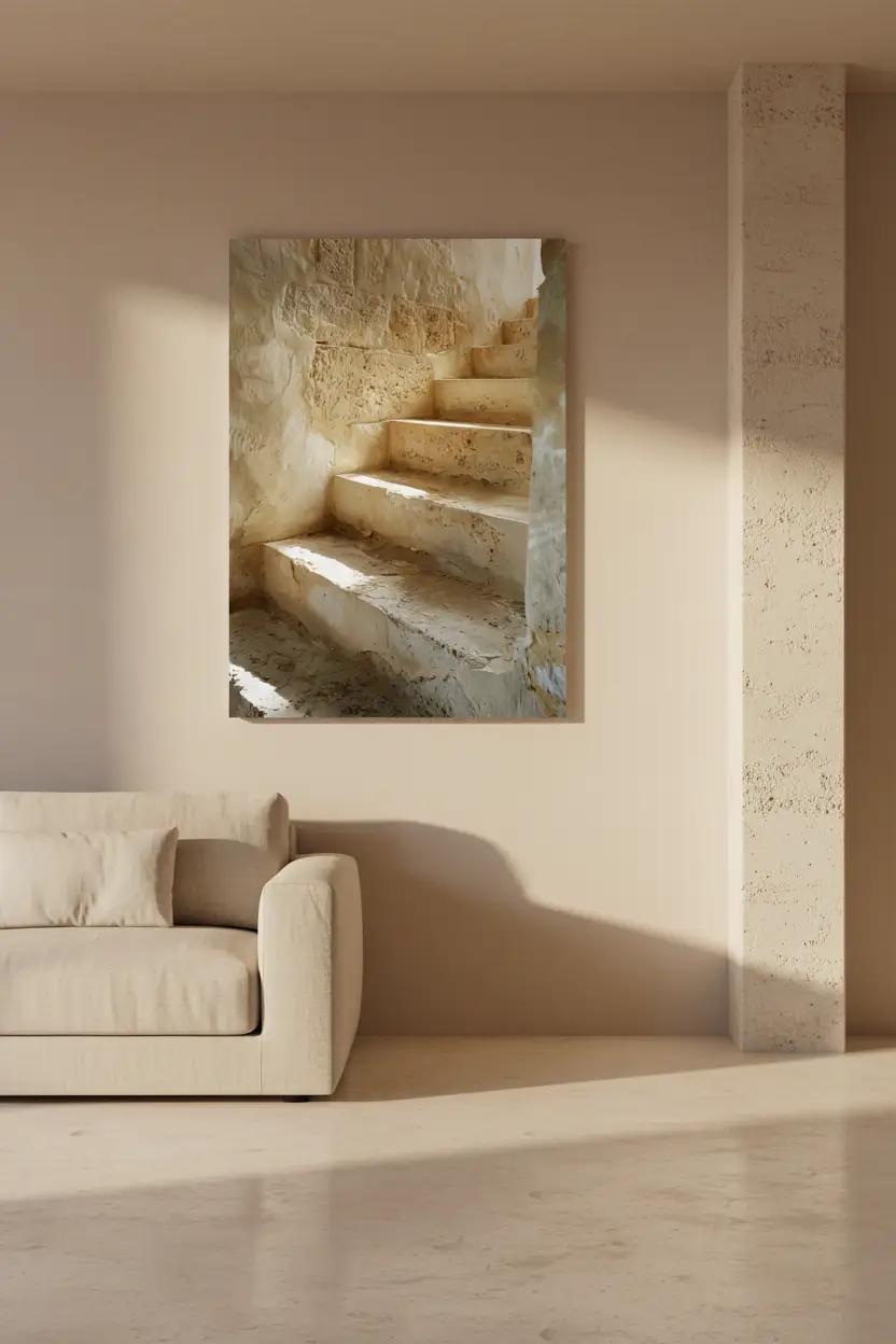 Les Marches de Pierre — Affiche murale minimaliste escalier calcaire brut texture érosion architecture, affiche murale minimaliste avec cadre bois, décoration murale salon ou chambre, style méditerranéen