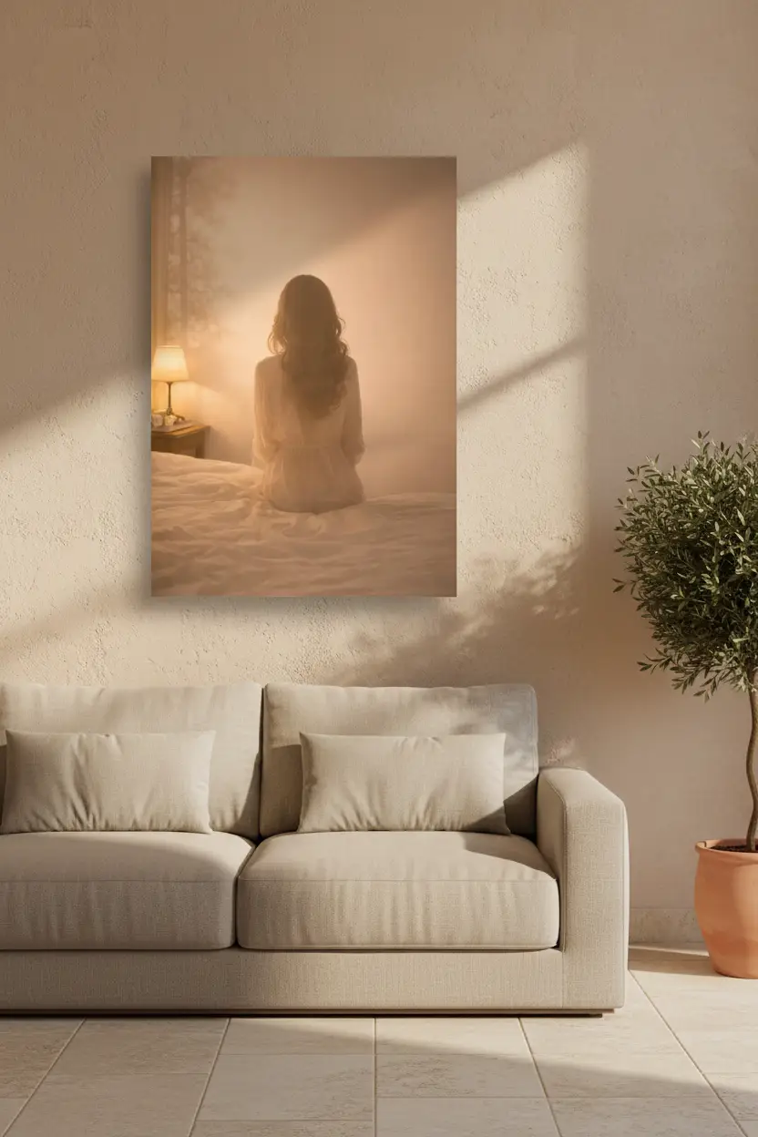 L'Aube Silencieuse — Affiche murale minimaliste silhouette féminine lumière dorée chambre, affiche murale minimaliste avec cadre bois, décoration murale salon ou chambre, style méditerranéen