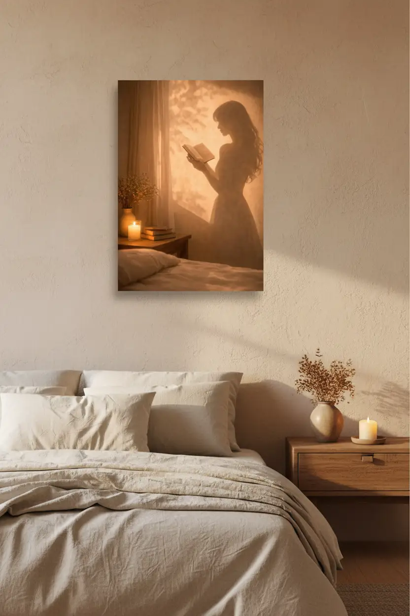 Le Livre du Soir — Affiche murale minimaliste silhouette féminine lumière dorée, affiche murale minimaliste avec cadre bois, décoration murale salon ou chambre, style méditerranéen