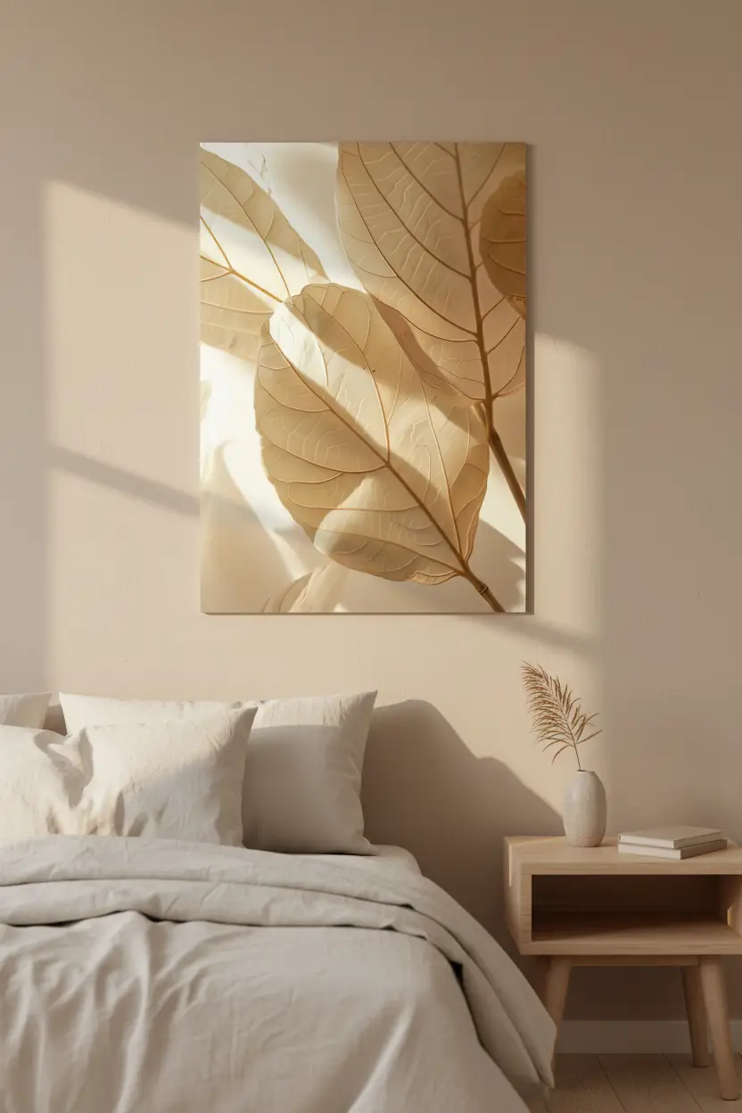 L’Ombre des Feuilles — Affiche murale minimaliste beige sable feuilles ombres dorées, affiche murale minimaliste avec cadre bois, décoration murale salon ou chambre, style méditerranéen
