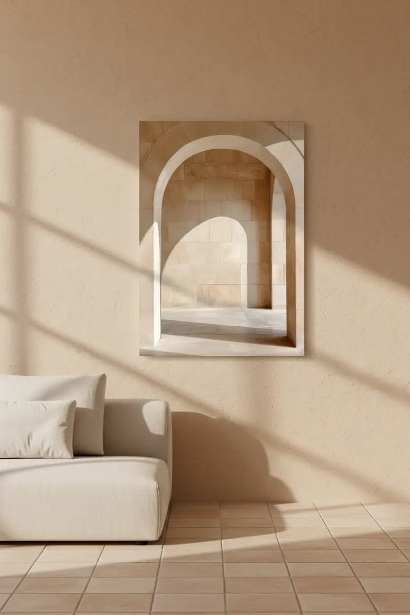 L'Arche et Son Ombre — Affiche murale minimaliste arche pierre calcaire ombre sable ivoire, affiche murale minimaliste avec cadre bois, décoration murale salon ou chambre, style méditerranéen