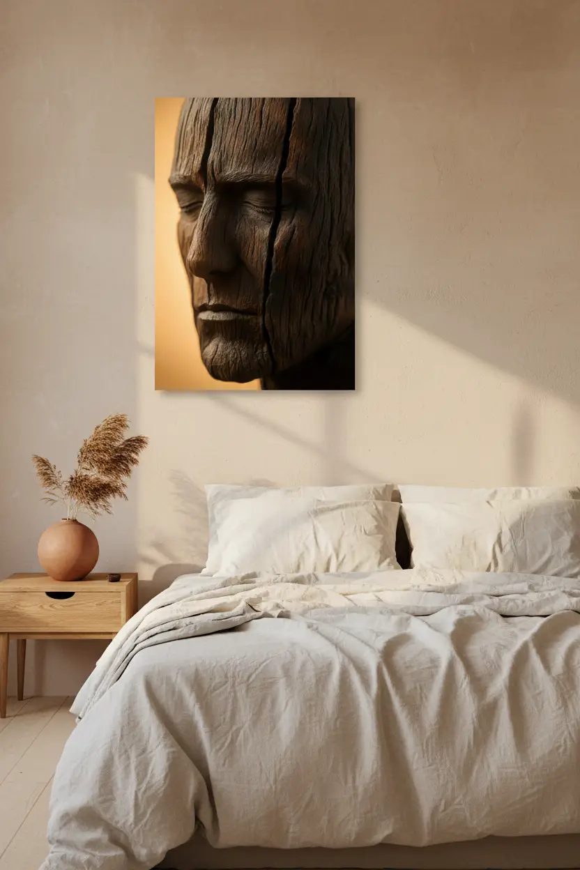Bois Dormant — Affiche murale minimaliste brun et beige visage abstrait et texture minérale — affiche murale minimaliste | Cassili-home