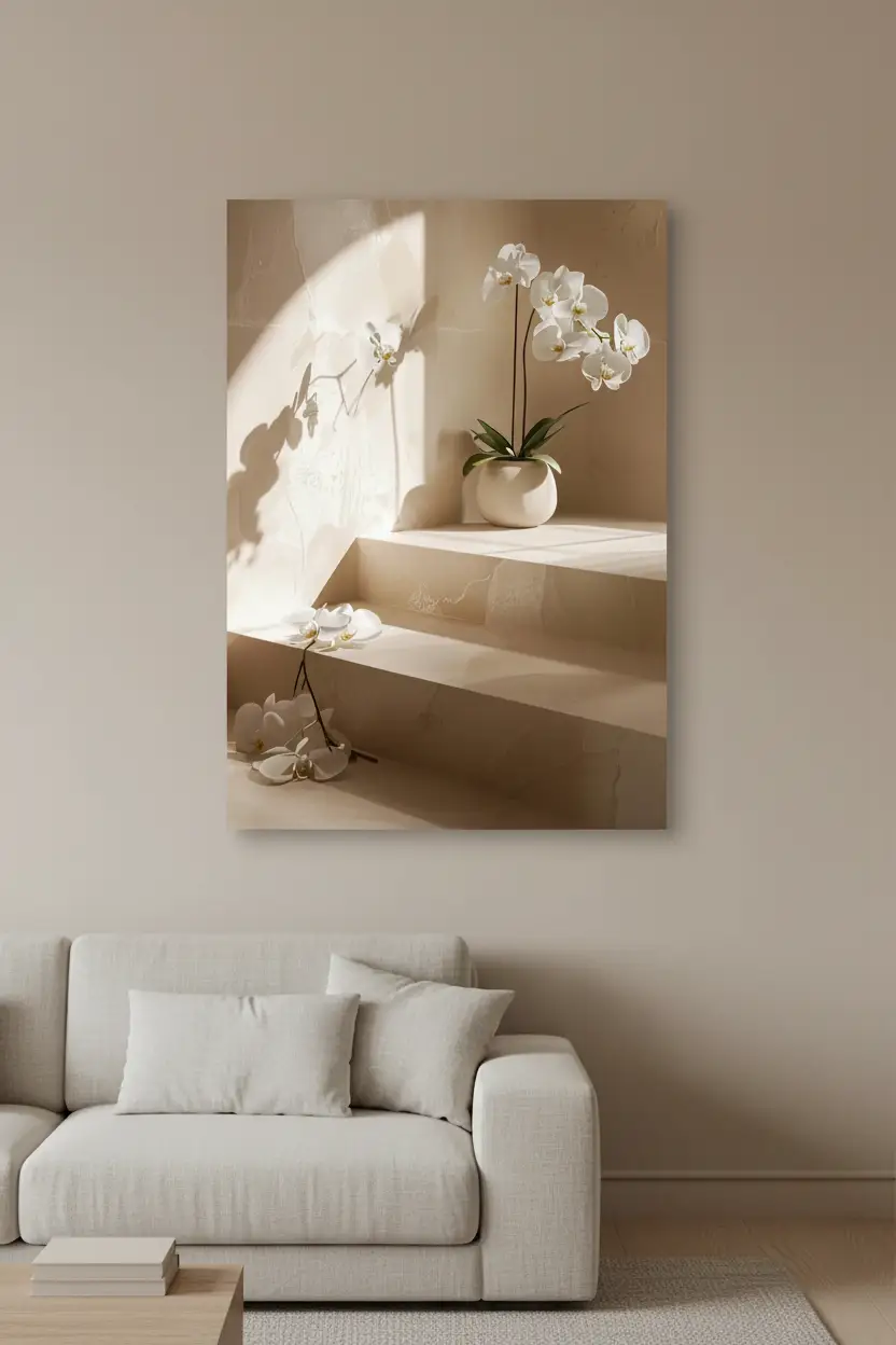 The Orchid Staircase — Minimalist travertine orchid wall poster