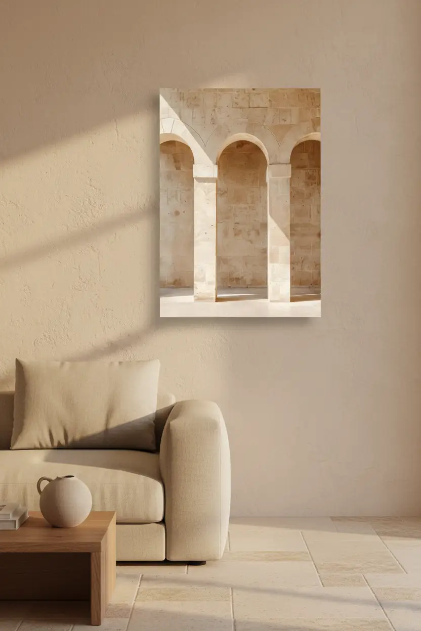 Les Trois Arches — Affiche murale minimaliste arches romanes pierre calcaire beige, affiche murale minimaliste avec cadre bois, décoration murale salon ou chambre, style méditerranéen