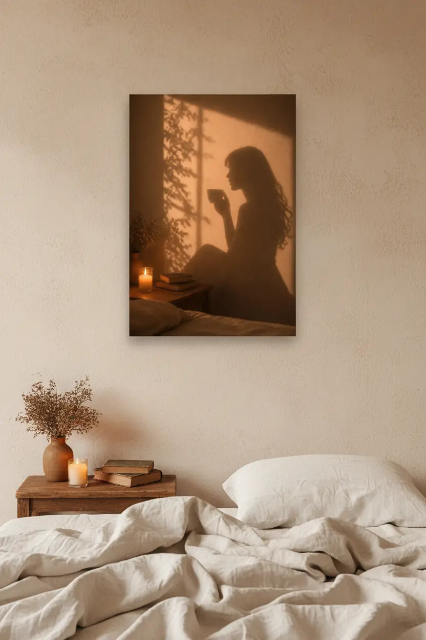 La Tasse du Soir — Affiche murale minimaliste silhouette féminine lumière dorée, affiche murale minimaliste avec cadre bois, décoration murale salon ou chambre, style méditerranéen