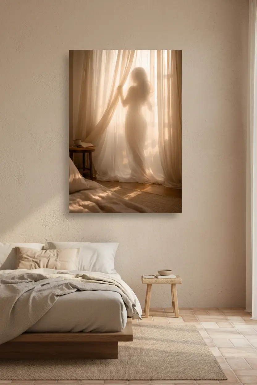 Le Voile du Matin — Affiche murale minimaliste silhouette féminine voilage lumière dorée, affiche murale minimaliste avec cadre bois, décoration murale salon ou chambre, style méditerranéen