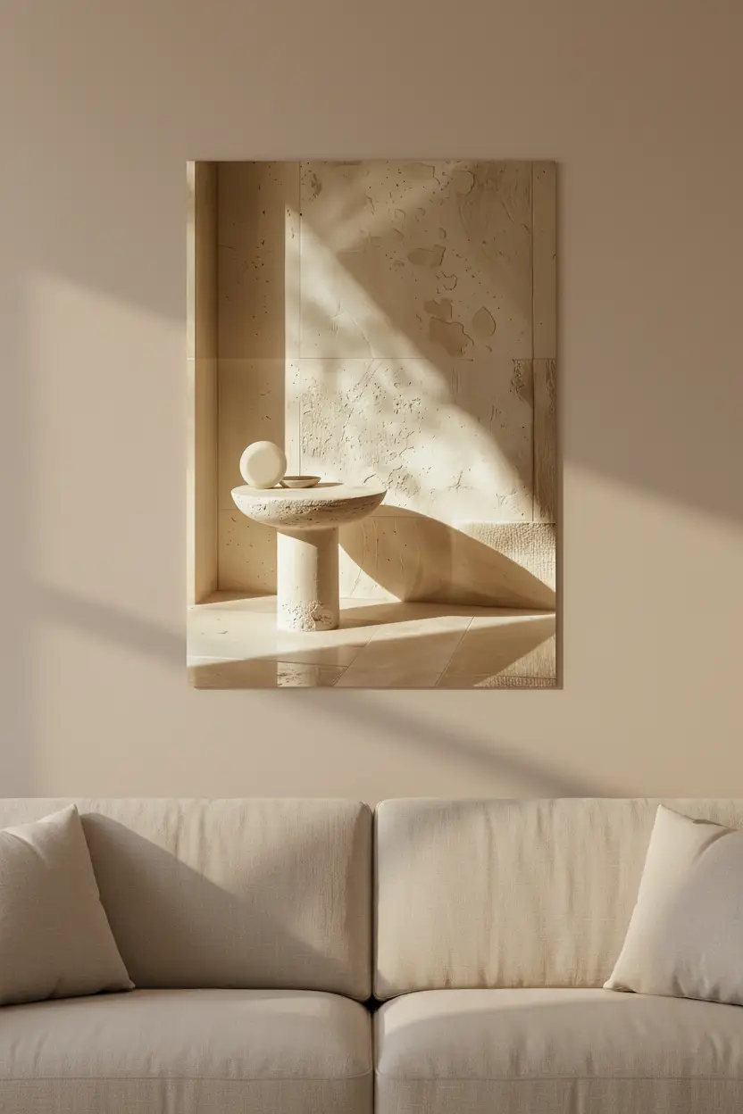 L’Autel de Pierre — Affiche murale minimaliste travertin table sculpturale sphère ivoire minéral, affiche murale minimaliste avec cadre bois, décoration murale salon ou chambre, style méditerranéen