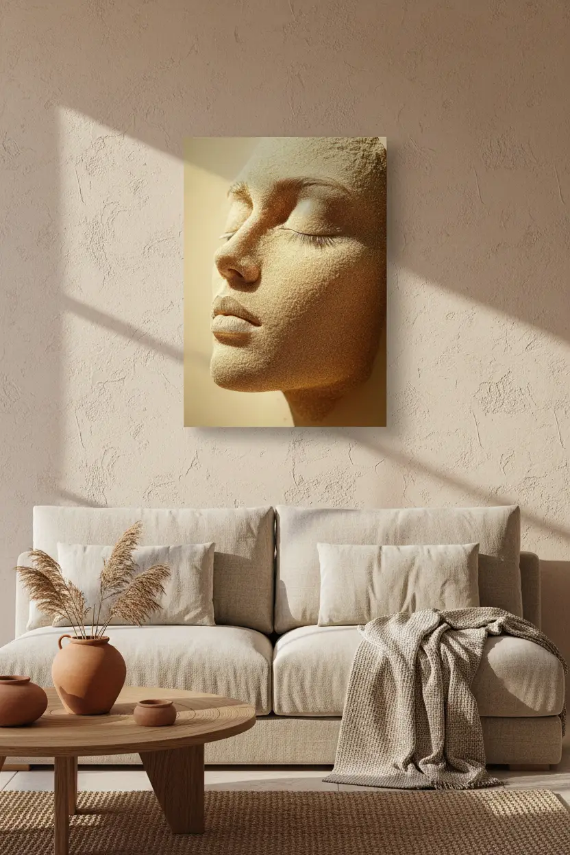 L'Ensablée – Minimalistisches Wandbild in Gold-Sand-Optik, abstraktes Gesicht