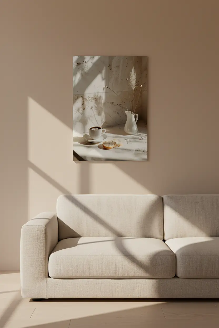 Le Matin Travertin — Affiche murale minimaliste travertin café herbe pampa céramique ivoire, affiche murale minimaliste avec cadre bois, décoration murale salon ou chambre, style méditerranéen