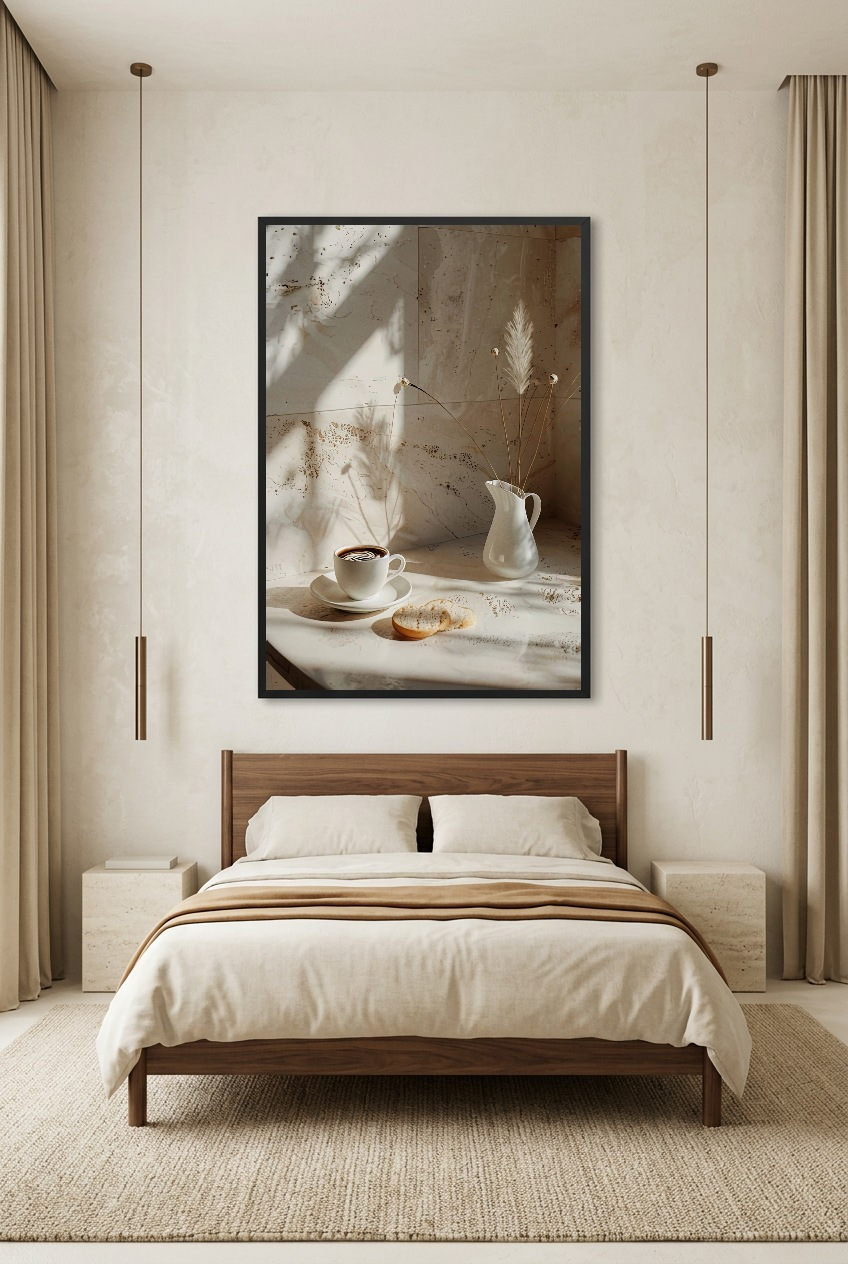 Le Matin Travertin — poster in a black frame in a bedroom