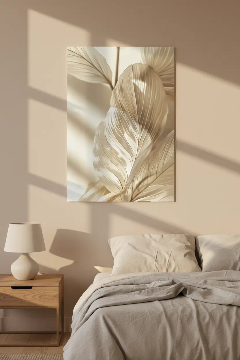 La Feuille Sculptée — Affiche murale minimaliste ivoire feuille ondulée texture sculptée, affiche murale minimaliste avec cadre bois, décoration murale salon ou chambre, style méditerranéen