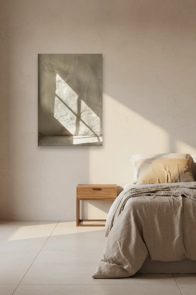 L'Ombre Diagonale — Affiche murale minimaliste ombre fenêtre mur enduit sable, affiche murale minimaliste avec cadre bois, décoration murale salon ou chambre, style méditerranéen