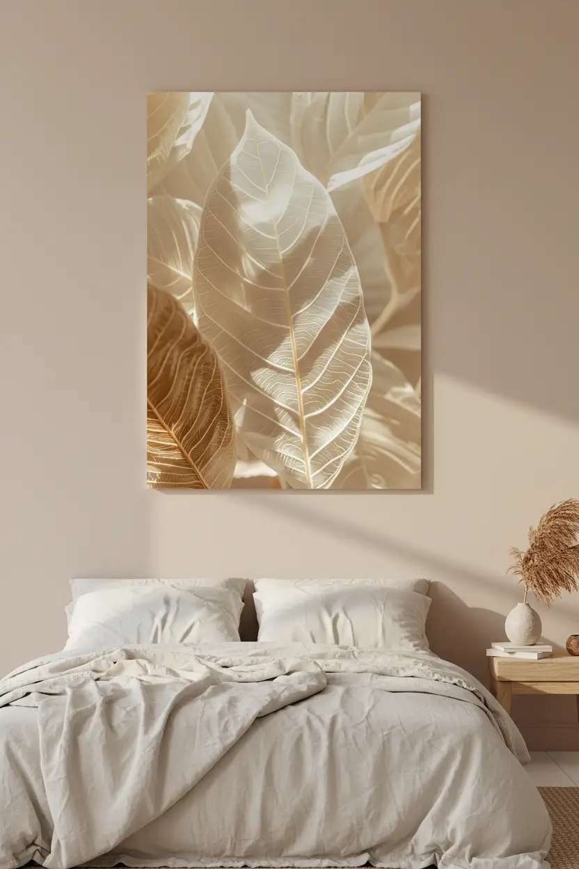 Der Wald des Lichts – Minimalistisches Wandbild Elfenbein Gold Blätter