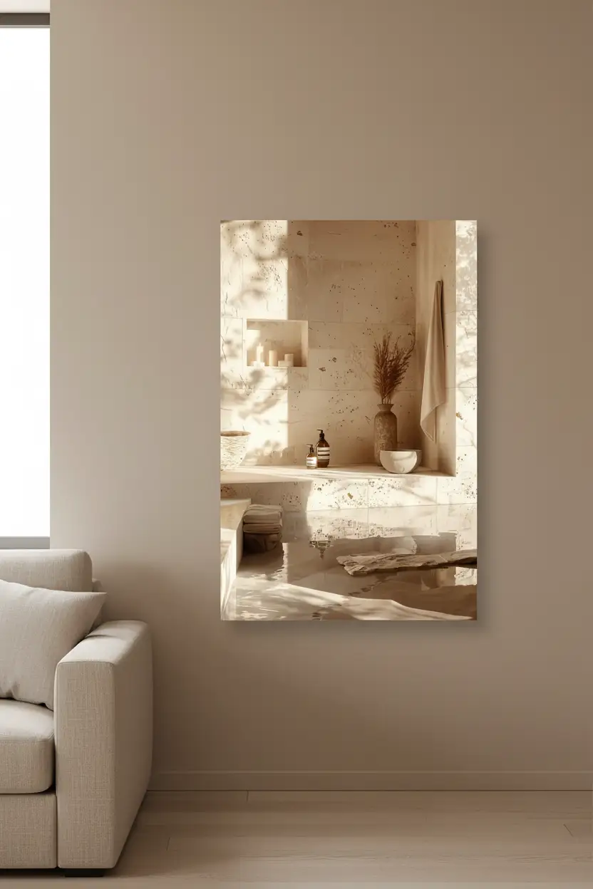 Le Hammam de Travertin — Affiche murale minimaliste salle de bain travertin eau ombres feuillage architecture, affiche murale minimaliste avec cadre bois, décoration murale salon ou chambre, style méditerranéen