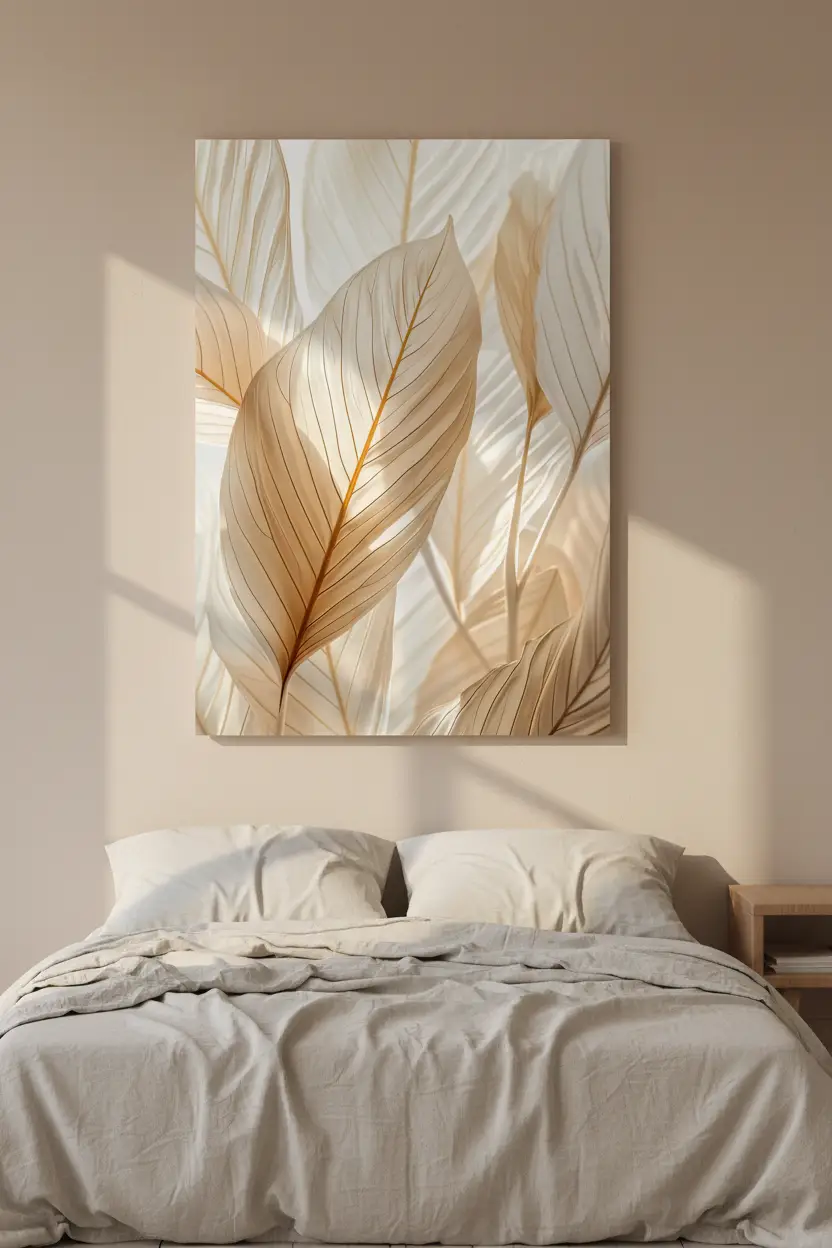 Le Velours Végétal — Affiche murale minimaliste sable ivoire feuilles nervures dorées, affiche murale minimaliste avec cadre bois, décoration murale salon ou chambre, style méditerranéen