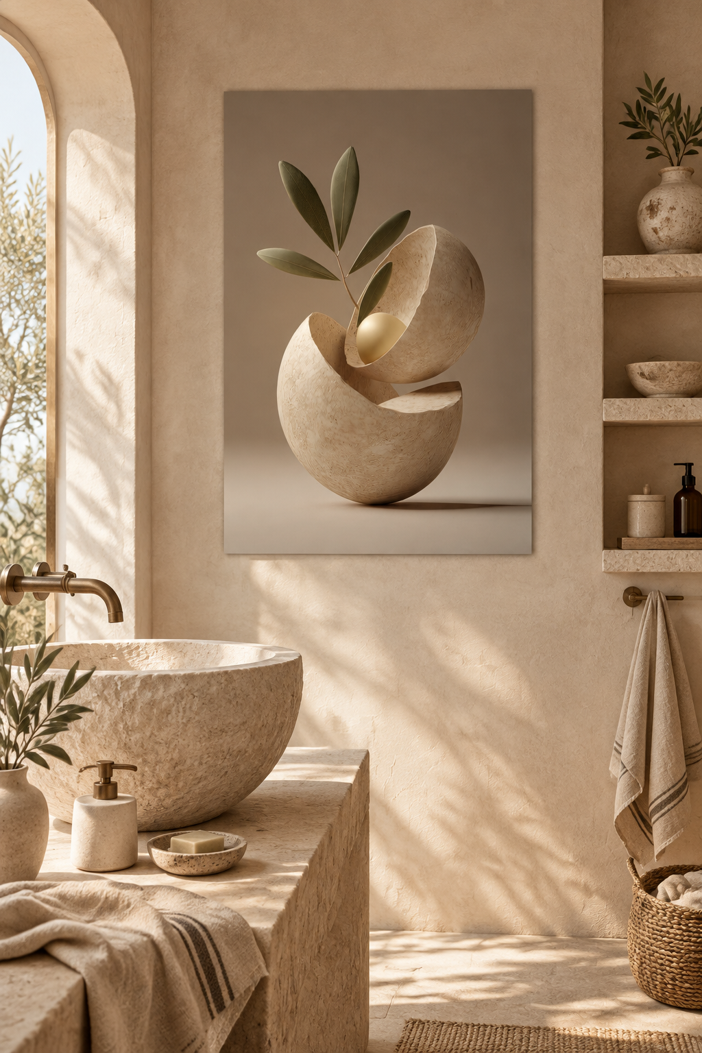 Poster The Opened Seed — opened stone seed with a single leaf, in a bathroom, above a stone basin
