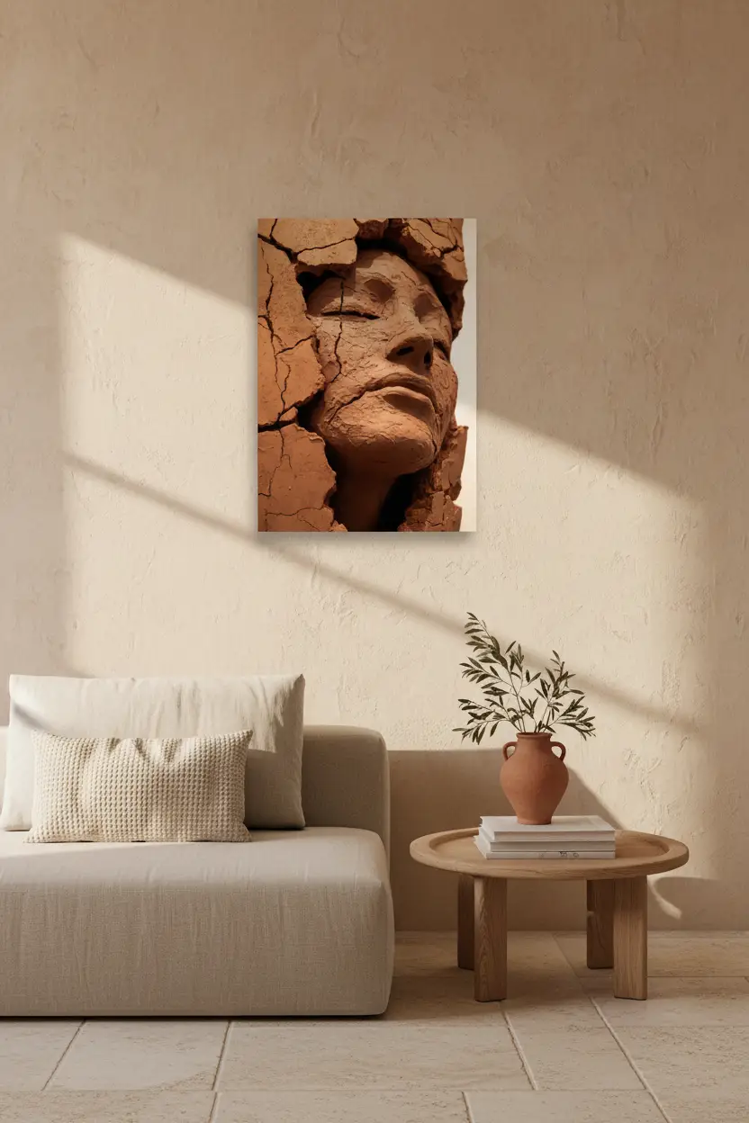 La Femme de Terre — Affiche murale minimaliste terracotta brun visage féminin argile abstrait — affiche murale minimaliste | Cassili-home