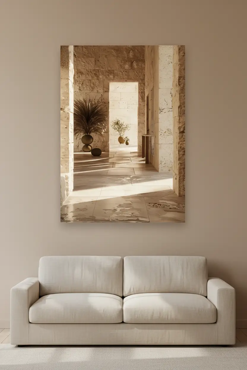 Le Couloir aux Vases — Affiche murale minimaliste couloir pierre calcaire vases dorés pampa architecture, affiche murale minimaliste avec cadre bois, décoration murale salon ou chambre, style méditerranéen
