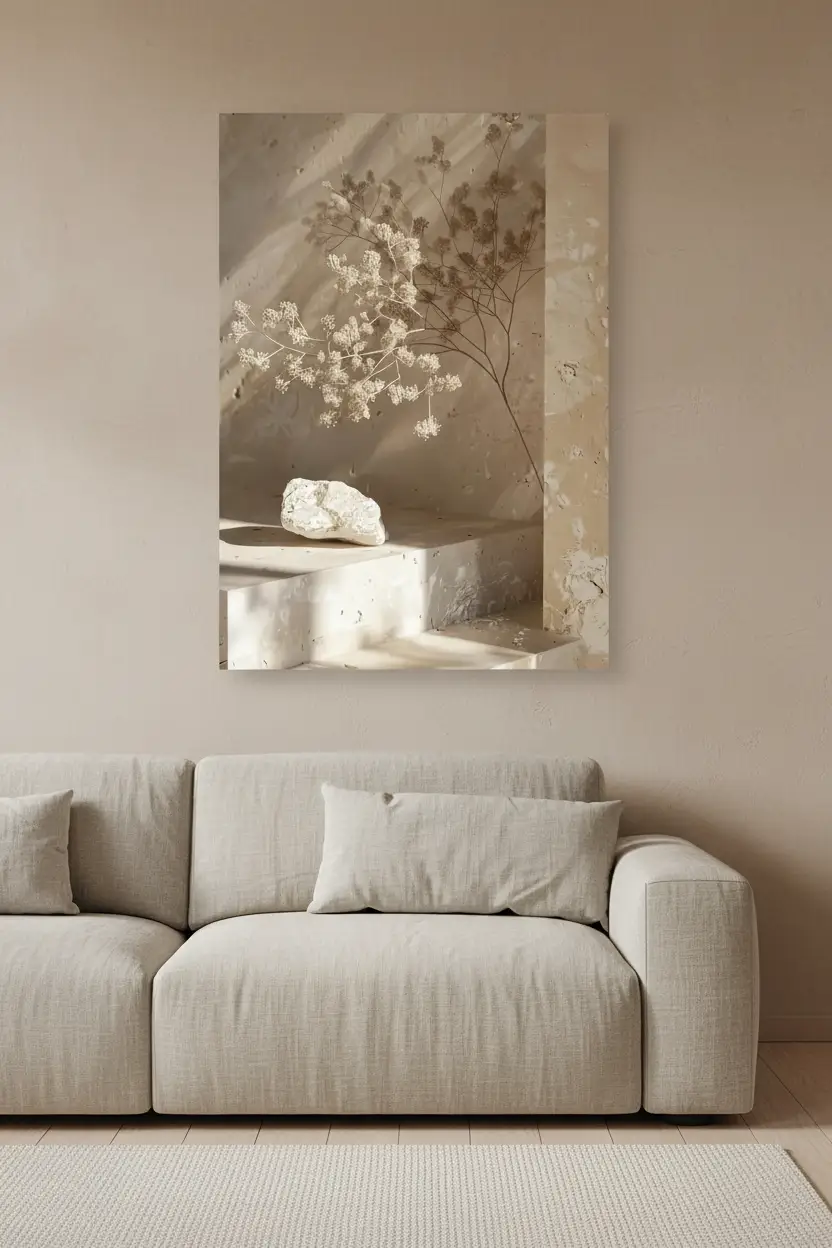 La Branche et la Pierre — Affiche murale minimaliste béton sable branche séchée pierre brute, affiche murale minimaliste avec cadre bois, décoration murale salon ou chambre, style méditerranéen