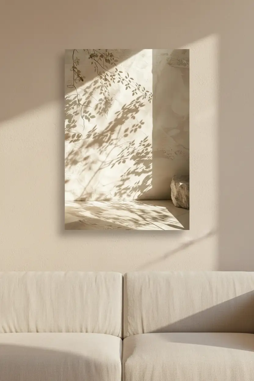Le Coin du Lierre — Affiche murale minimaliste ombres feuillage lierre enduit ivoire lumière diagonale végétal, affiche murale minimaliste avec cadre bois, décoration murale salon ou chambre, style méditerranéen