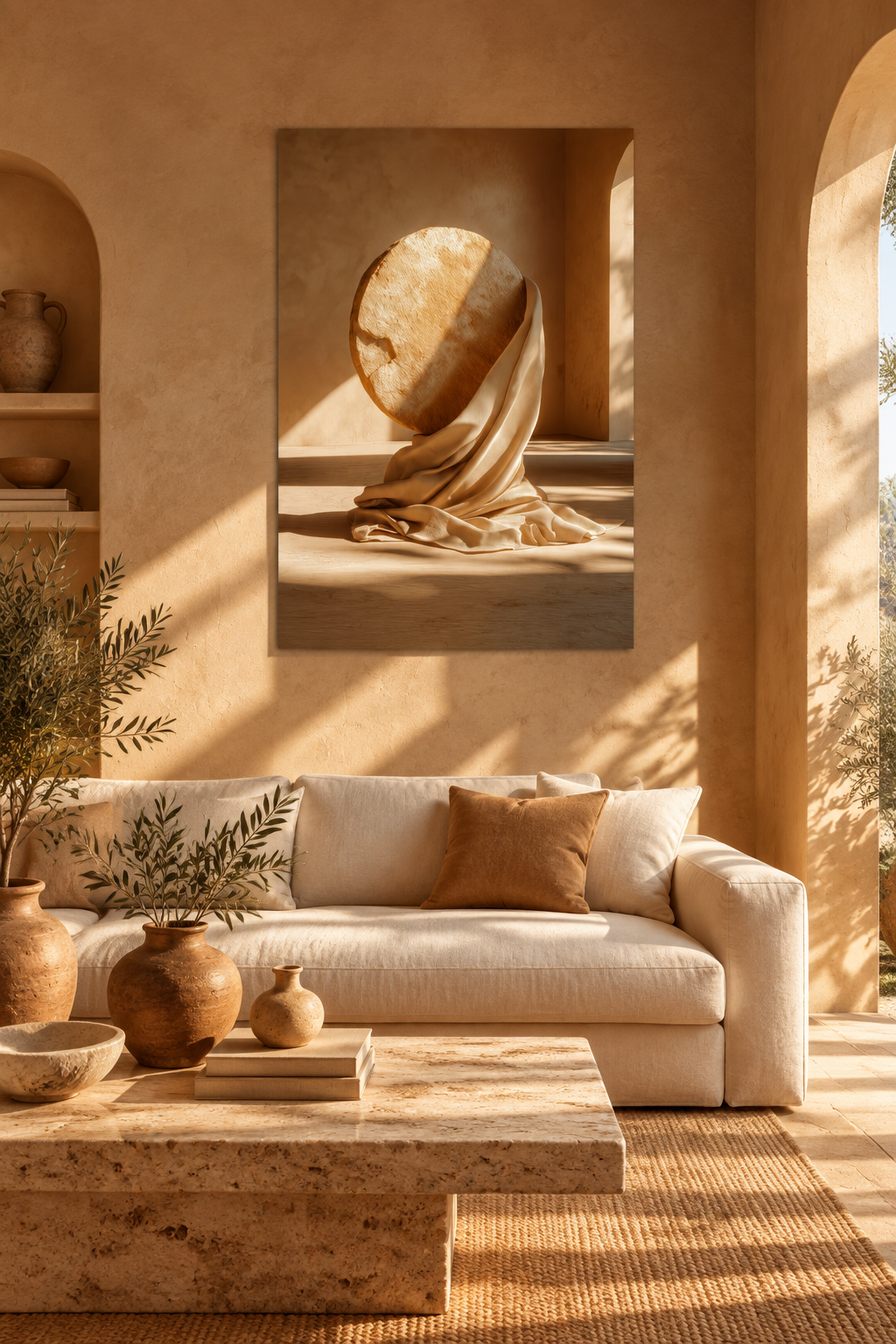 Poster The Wrapped Sphere — veined stone sphere resting on drapery, hung in a living room with ochre walls