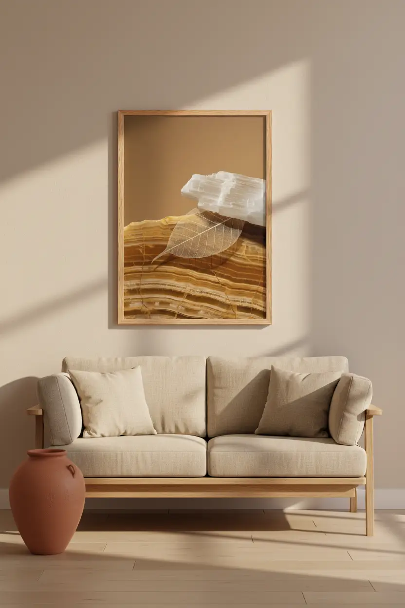 Sélénite & Feuille — Affiche murale minimaliste blanc et miel caramel texture minérale — affiche murale minimaliste | Cassili-home