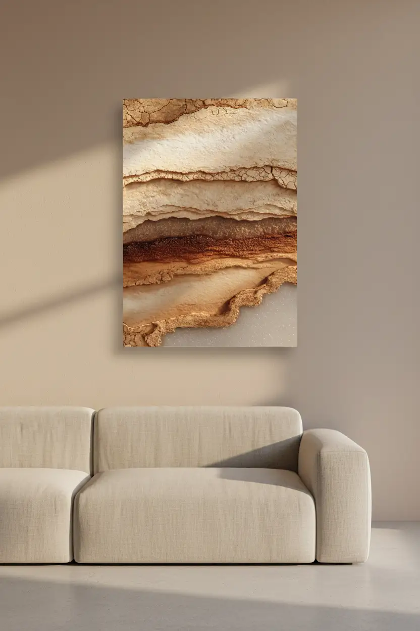 Les Strates de l’Ocre — Affiche murale minimaliste macro strates sédimentaires grès ocre brun lumière rasante minéral, affiche murale minimaliste avec cadre bois, décoration murale salon ou chambre, style méditerranéen