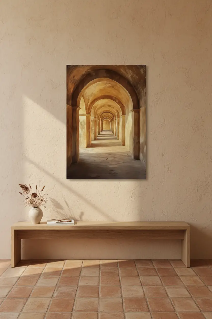 L’Arcade — Affiche murale minimaliste sable ocre arches romaines perspective — affiche murale minimaliste | Cassili-home