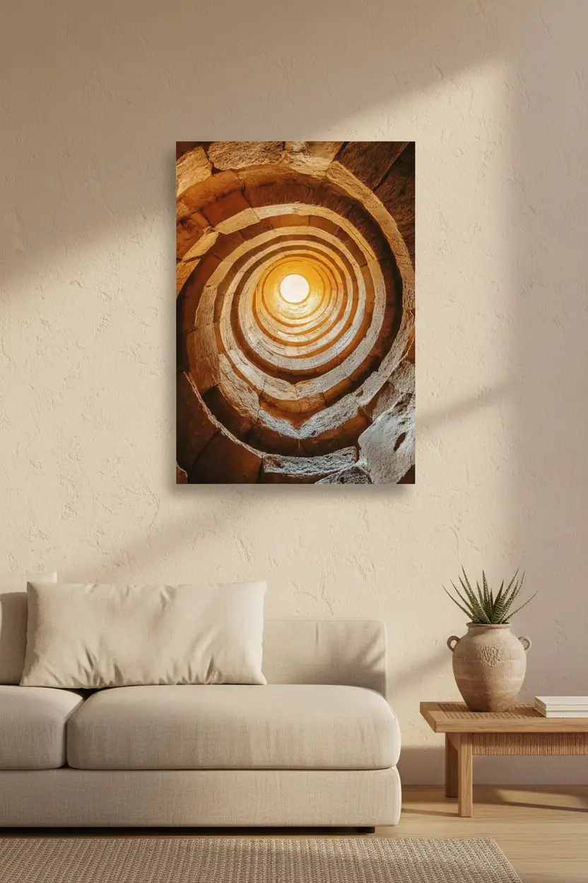 L’Oracle — Affiche murale minimaliste or sable puits pierre lumière divine spirale — affiche murale minimaliste | Cassili-home