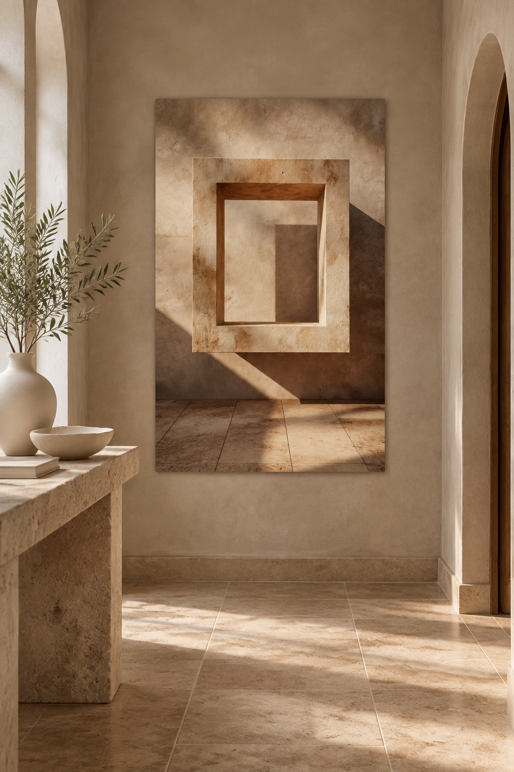 Poster The Square Doorframe — square stone frame and its cast shadow, in an entryway, above a stone console