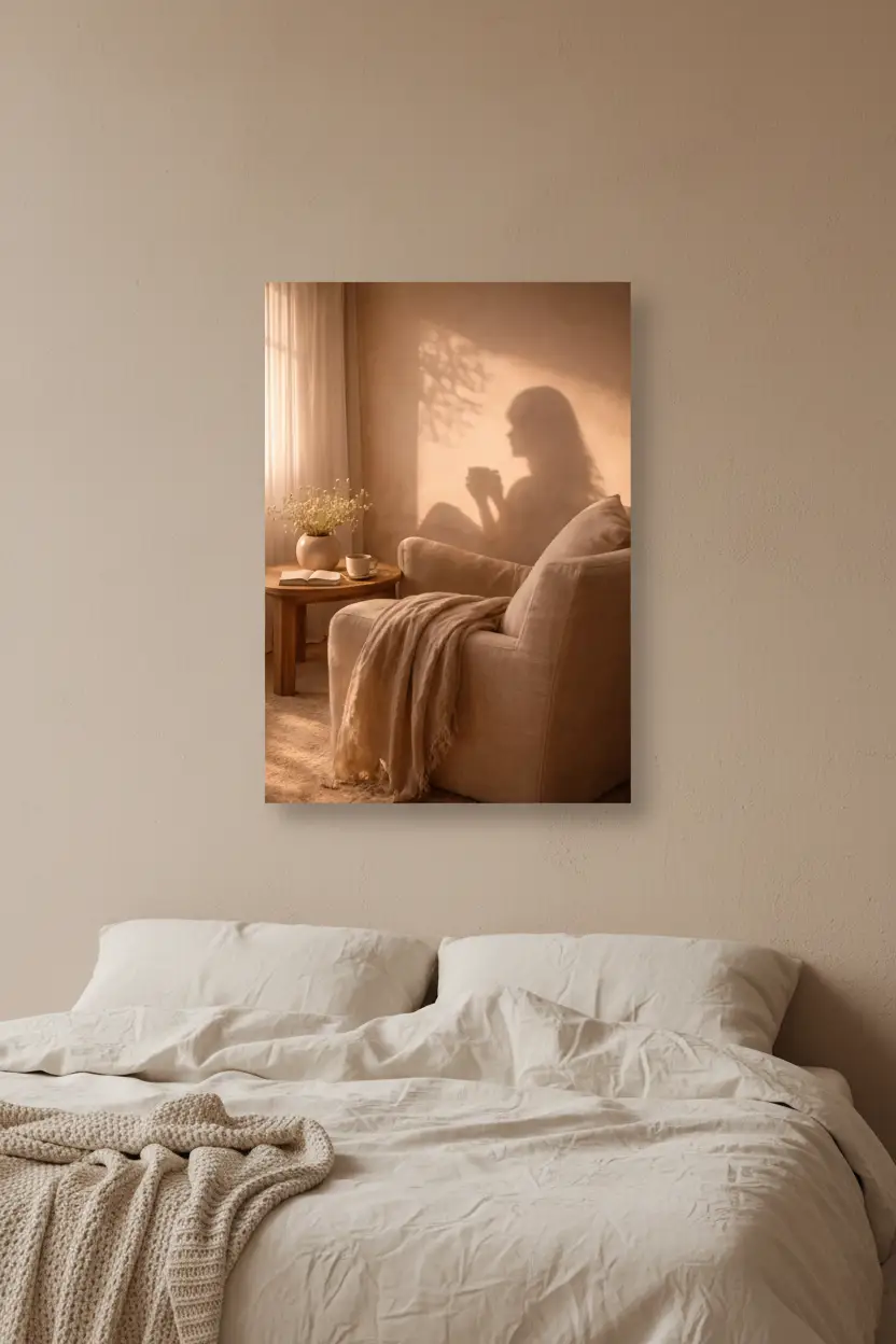 La Pause — Affiche murale minimaliste silhouette féminine lumière dorée, affiche murale minimaliste avec cadre bois, décoration murale salon ou chambre, style méditerranéen