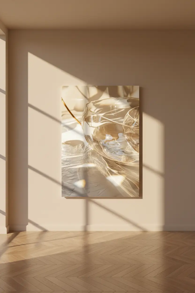 Le Prisme — Affiche murale minimaliste ivoire verre reflets prismatiques lumière, affiche murale minimaliste avec cadre bois, décoration murale salon ou chambre, style méditerranéen