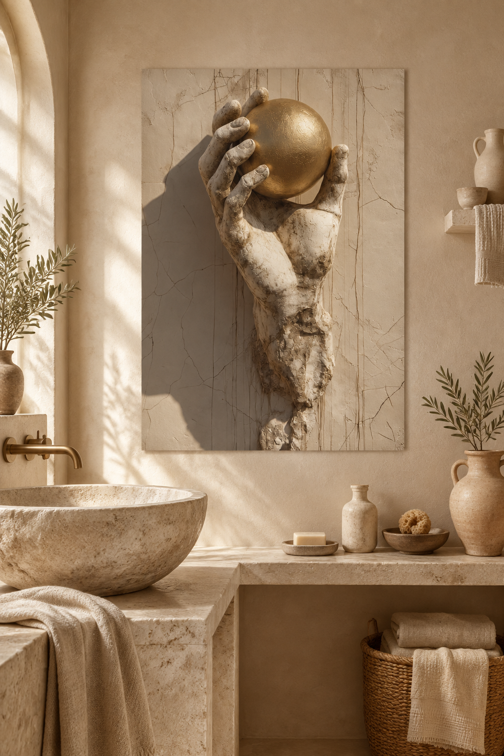 Poster The Held Orb — golden orb held by a hand of stone, in a bathroom, above a stone basin