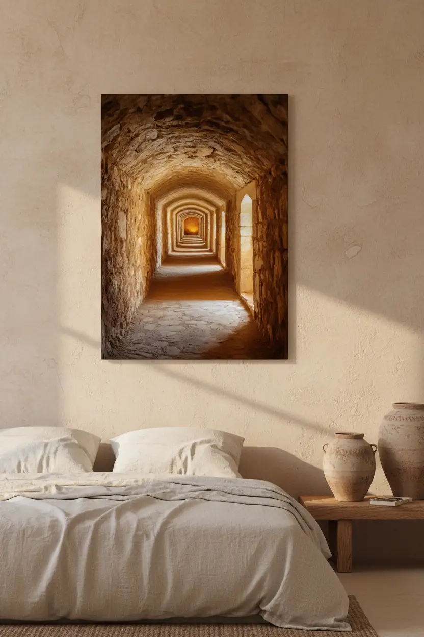 La Crypte — Affiche murale minimaliste sable brun voûtes pierre brute lumière dorée — affiche murale minimaliste | Cassili-home