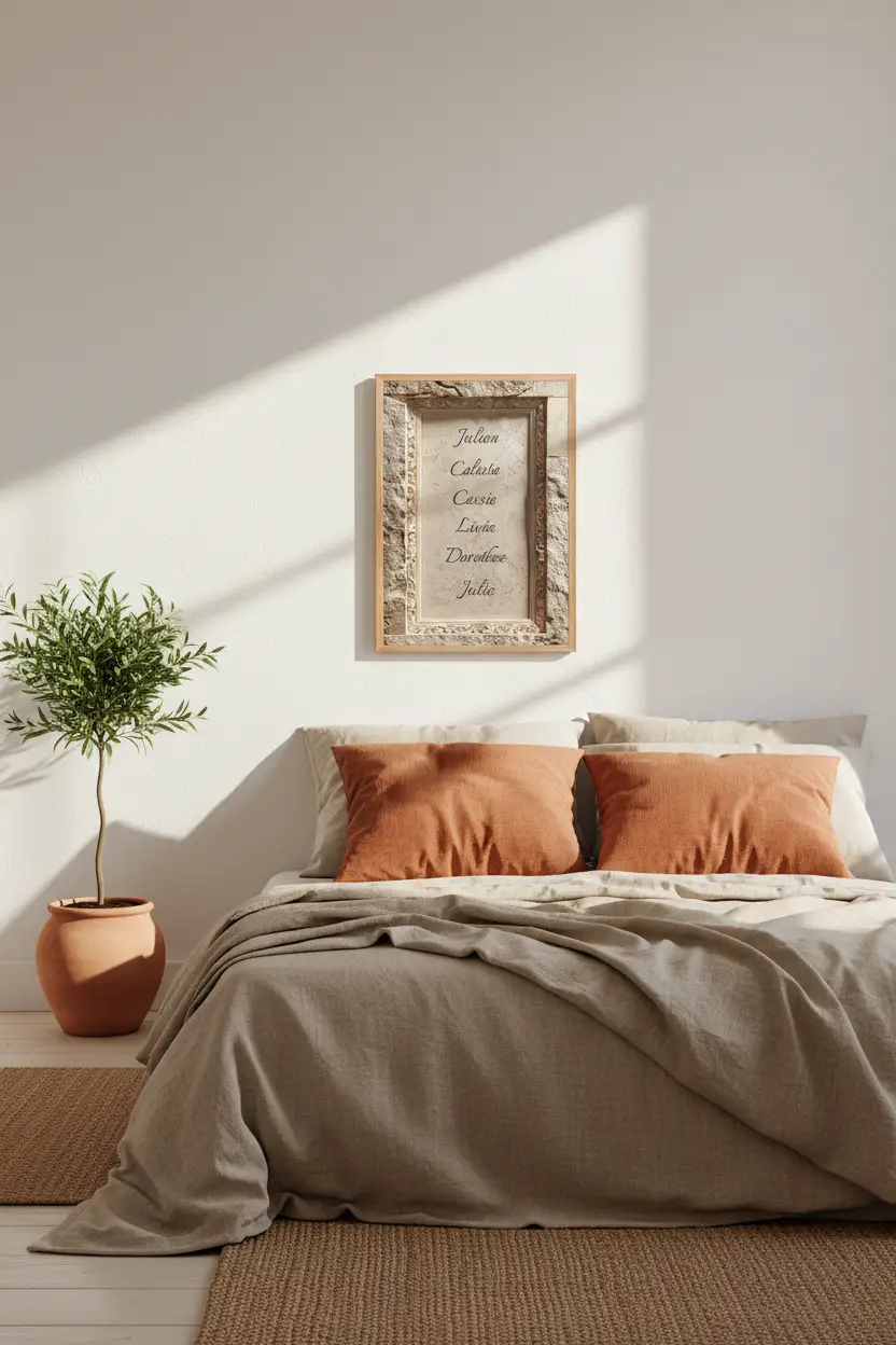 Les Prénoms Gravés — Affiche murale personnalisable pierre méditerranéenne, affiche murale minimaliste avec cadre bois, décoration murale salon ou chambre, style méditerranéen