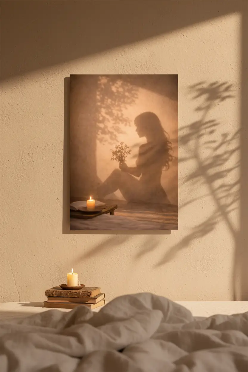L’Offrande — Affiche murale minimaliste silhouette féminine lumière dorée, affiche murale minimaliste avec cadre bois, décoration murale salon ou chambre, style méditerranéen