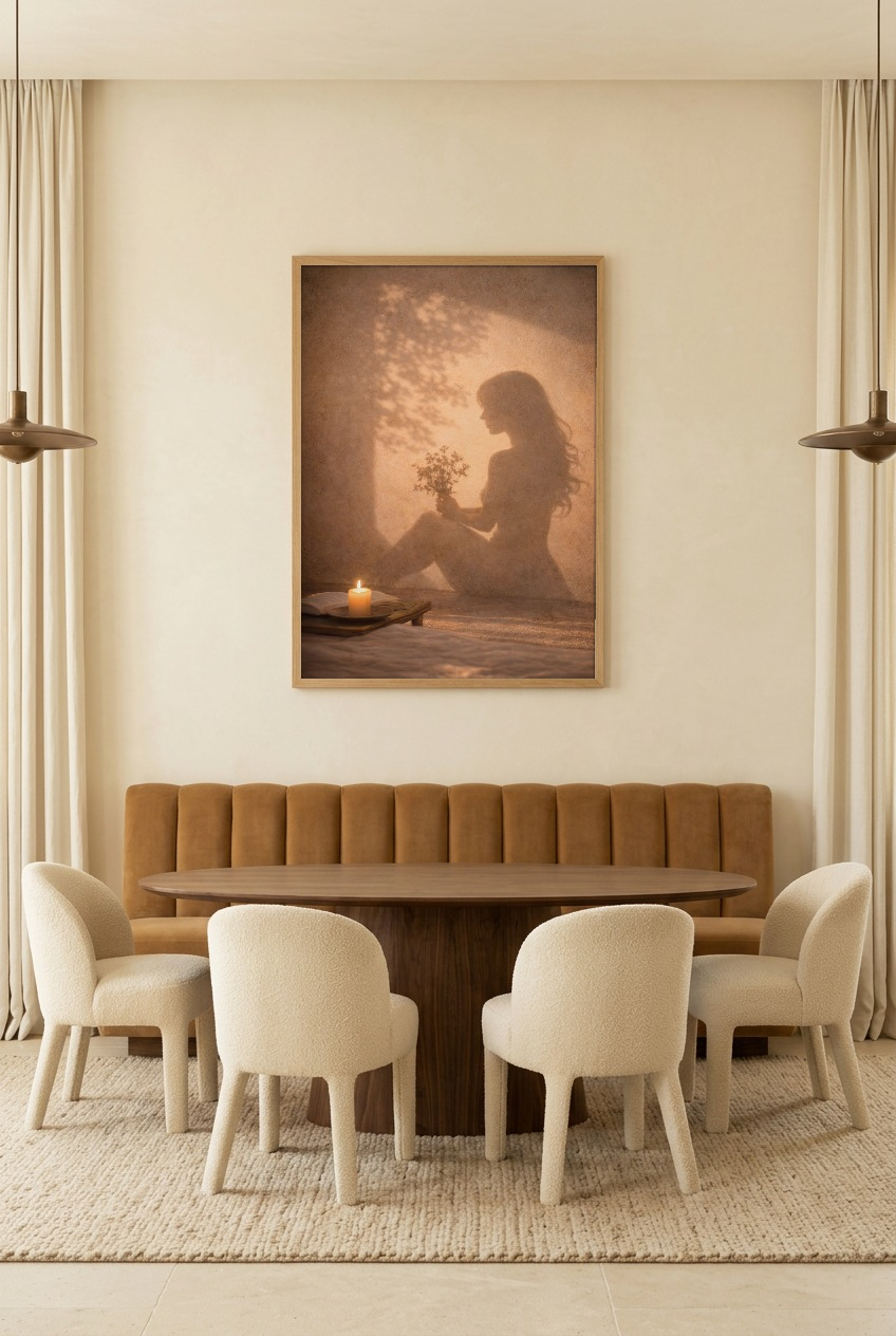 L’Offrande Silencieuse — poster in eikenhouten lijst in een eetkamer