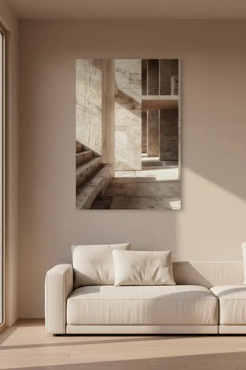La Galerie de Pierre — Affiche murale minimaliste travertin piliers galerie escalier architecture, affiche murale minimaliste avec cadre bois, décoration murale salon ou chambre, style méditerranéen