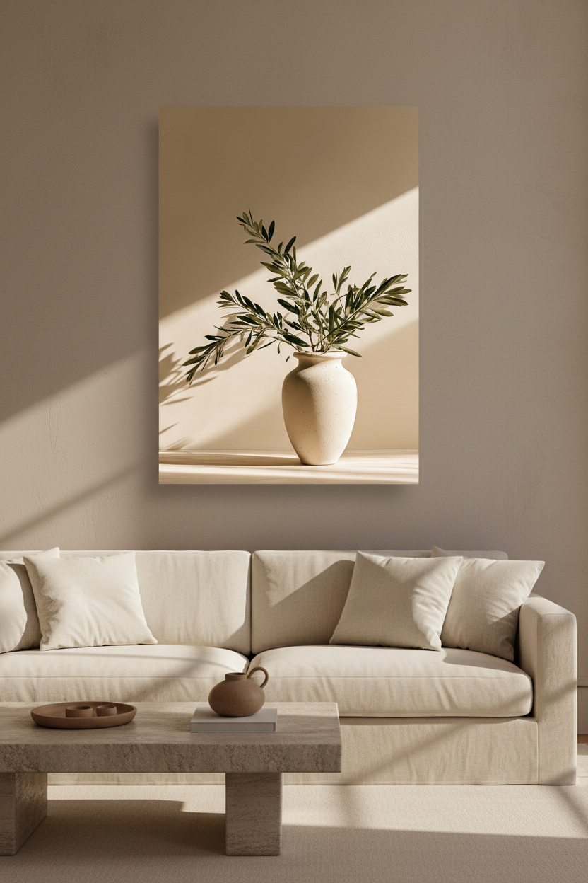 Affiche La Lame de Lumière au-dessus d'un canapé écru dans un salon méditerranéen — vase ivoire et branches d'olivier sous une diagonale de soleil