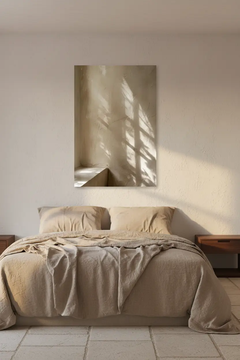 Les Ombres du Soir — Affiche murale minimaliste ombres fenêtre mur enduit sable courbe, affiche murale minimaliste avec cadre bois, décoration murale salon ou chambre, style méditerranéen