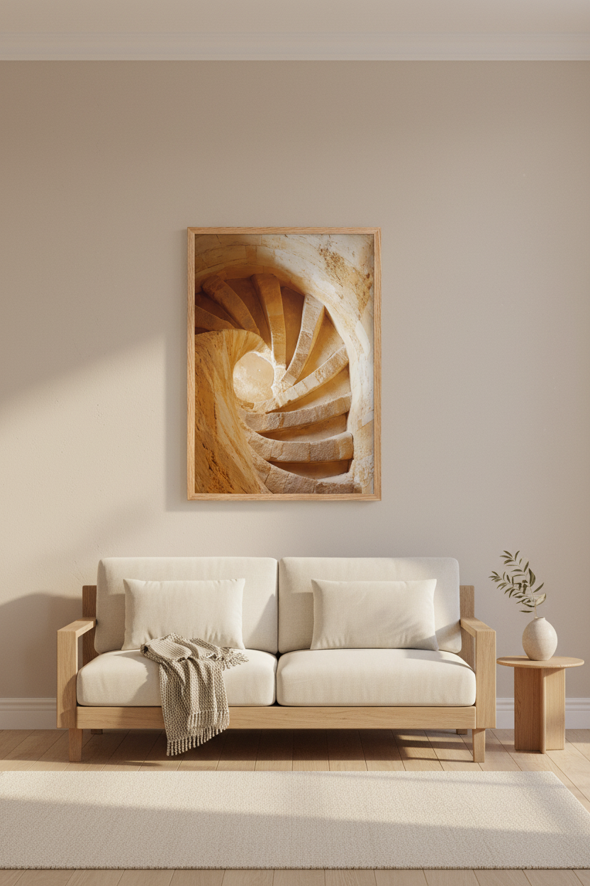 Spirale de Pierre — Affiche murale minimaliste beige et doré architecture méditerranéenne — affiche murale minimaliste | Cassili-home