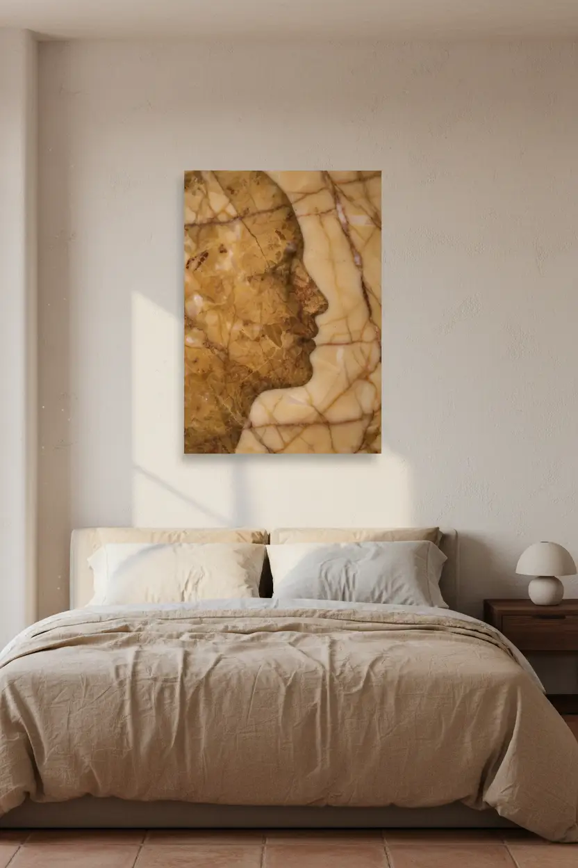 L'Âme de Marbre — Affiche murale minimaliste or ambré visage abstrait, affiche murale minimaliste avec cadre bois, décoration murale salon ou chambre, style méditerranéen