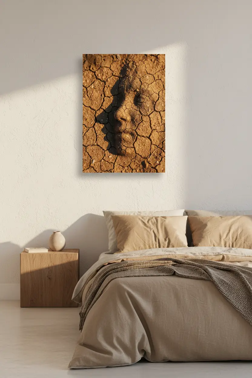 Le Profil de Terre — Affiche murale minimaliste brun ocre visage abstrait, affiche murale minimaliste avec cadre bois, décoration murale salon ou chambre, style méditerranéen