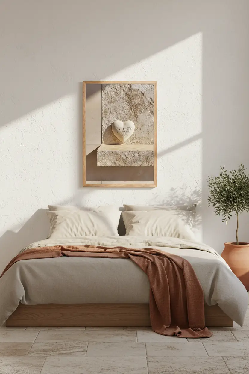 Le Cœur de Pierre — Affiche murale personnalisable pierre méditerranéenne, affiche murale minimaliste avec cadre bois, décoration murale salon ou chambre, style méditerranéen