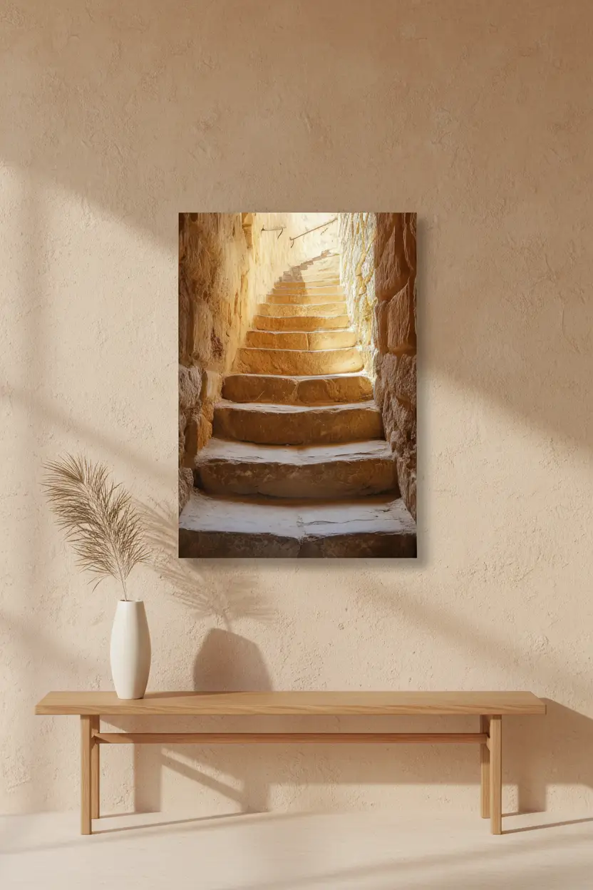 Vers la Lumière — Affiche murale minimaliste escalier pierre ocre doré — affiche murale minimaliste | Cassili-home