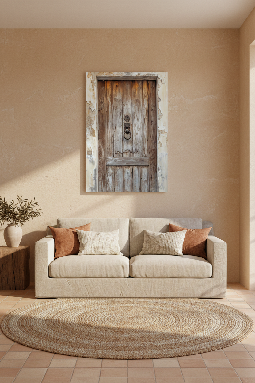 The Door of Time poster above a sofa — old weathered wood door and wrought iron knocker