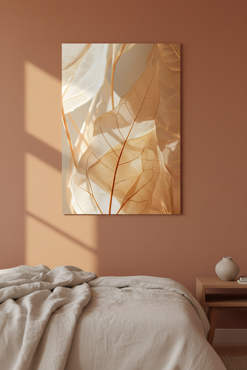 L’Ambre Végétal — Affiche murale minimaliste or ambré feuilles translucides nervures, affiche murale minimaliste avec cadre bois, décoration murale salon ou chambre, style méditerranéen