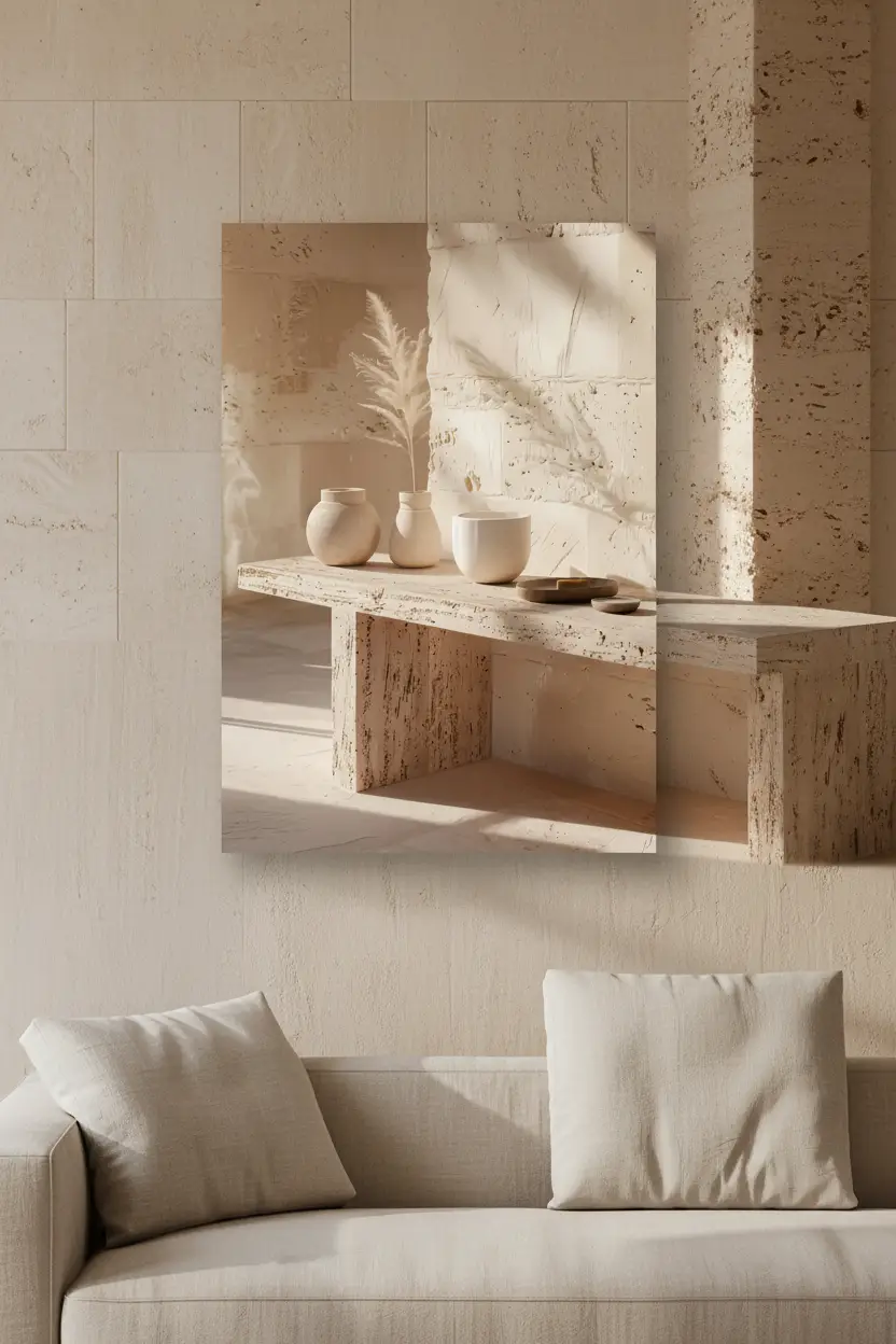 La Table de Travertin — Affiche murale minimaliste table sculpturale travertin pampa céramiques minéral, affiche murale minimaliste avec cadre bois, décoration murale salon ou chambre, style méditerranéen