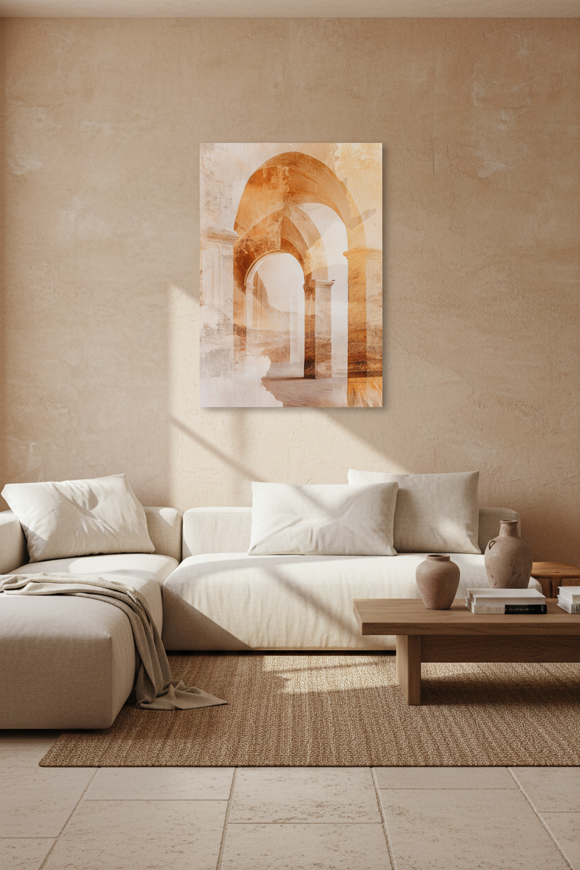 The Golden Arches poster above a sofa — Romanesque arches in a row, gold and sand watercolor